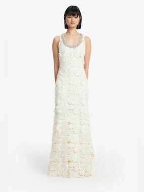 LEO LIN Helena Ivory 3D Floral Lace Crystal Embellished Maxi Gown Dress